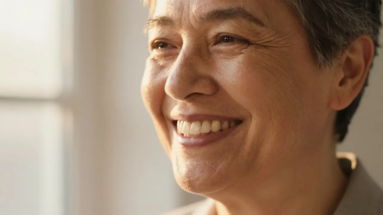 Krásně usmívající se člověk s přirozeně vypadajícími zuby v teplém světle.