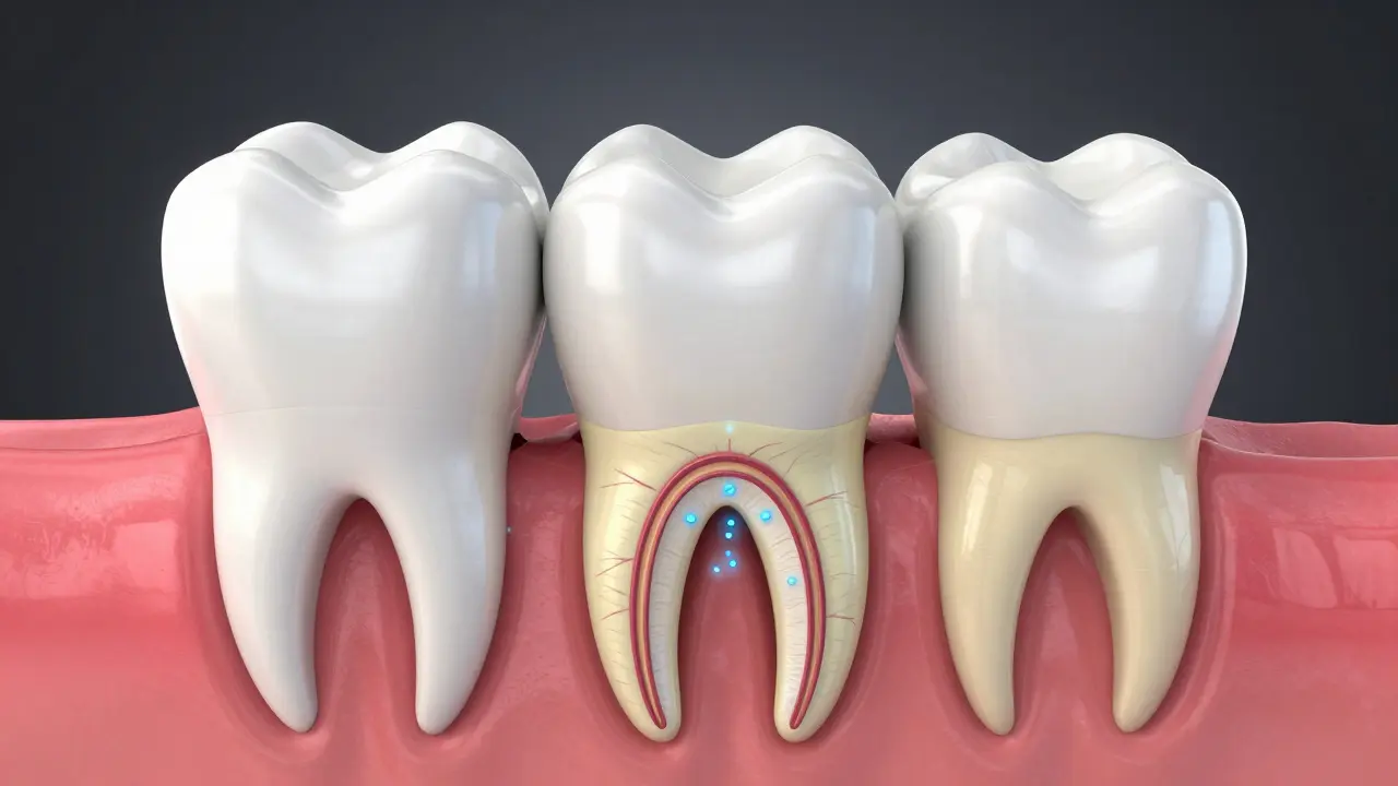 Kresba vnitřní struktury zubu znázornující přenos chladu k nervu.