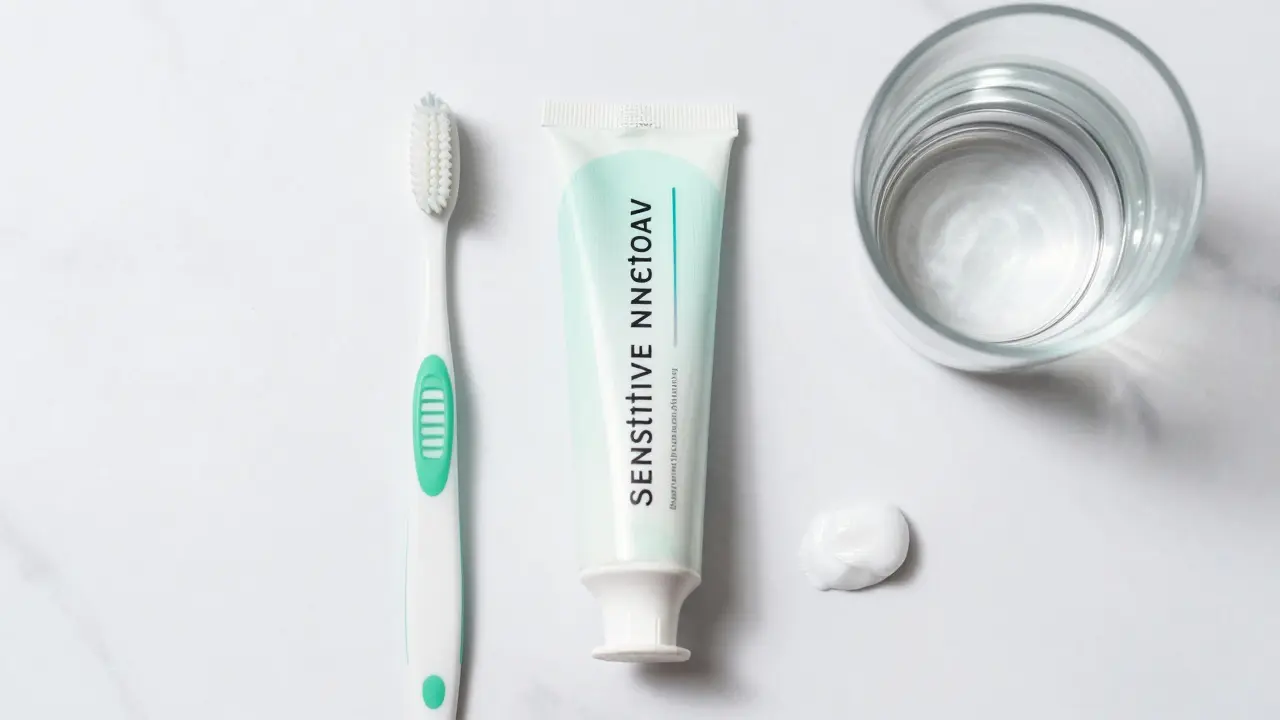 Měkký kartáček a pasta pro citlivé zuby na bílém mramoru.