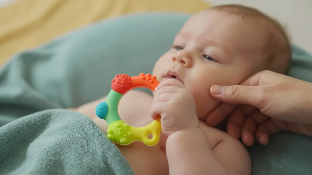 Miminko s barevným kousátkem v ruce pro úlevu od bolesti dásní.