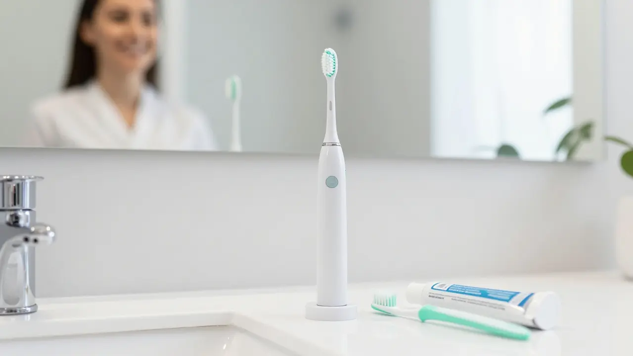 Moderní sonický kartáček a pomůcky pro mezizubní čištění v koupelně.