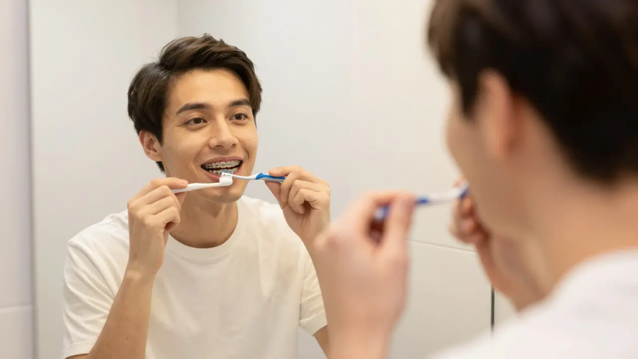 Osoba používající tenký mezizubní kartáček k čištění zubů s ortodontickým aparátem před zrcadlem.