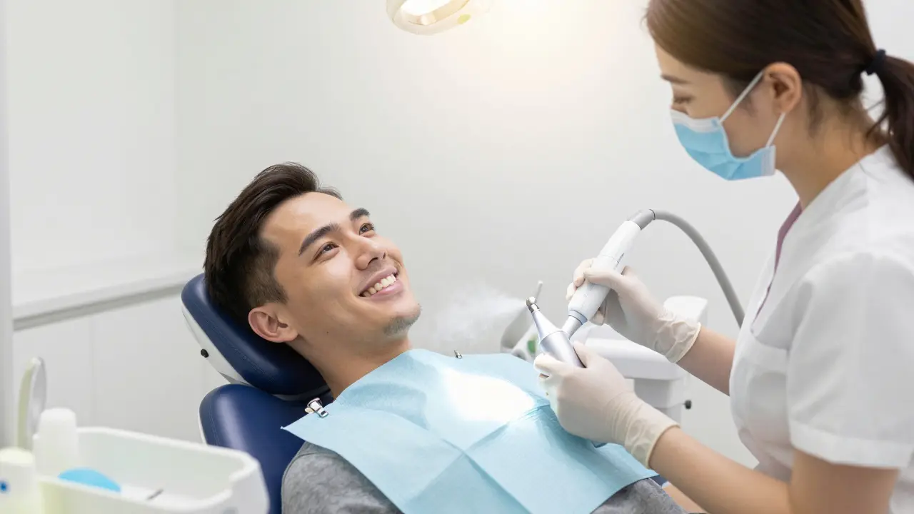 Pacient v moderním křesle při kombinovaném čištění pomocí ultrasoniku a AirFlow.