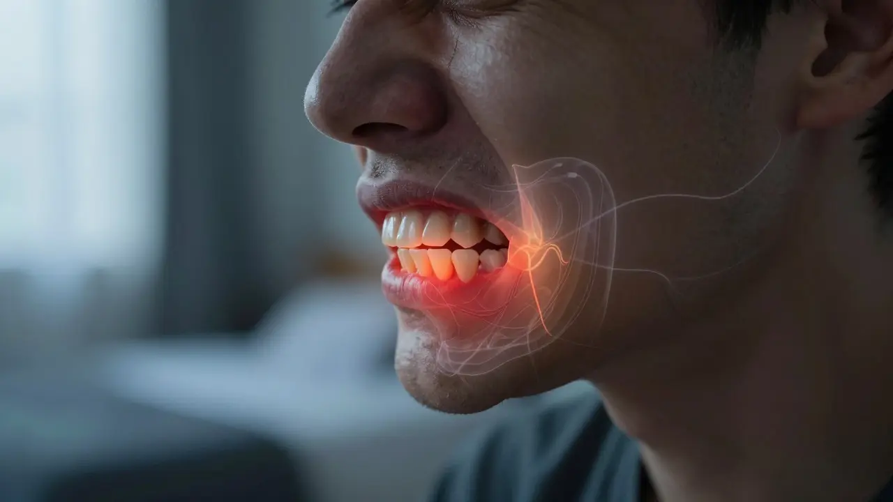 Profil obličeje s napnutou čelistí znázornující tlak na zuby při stresu.