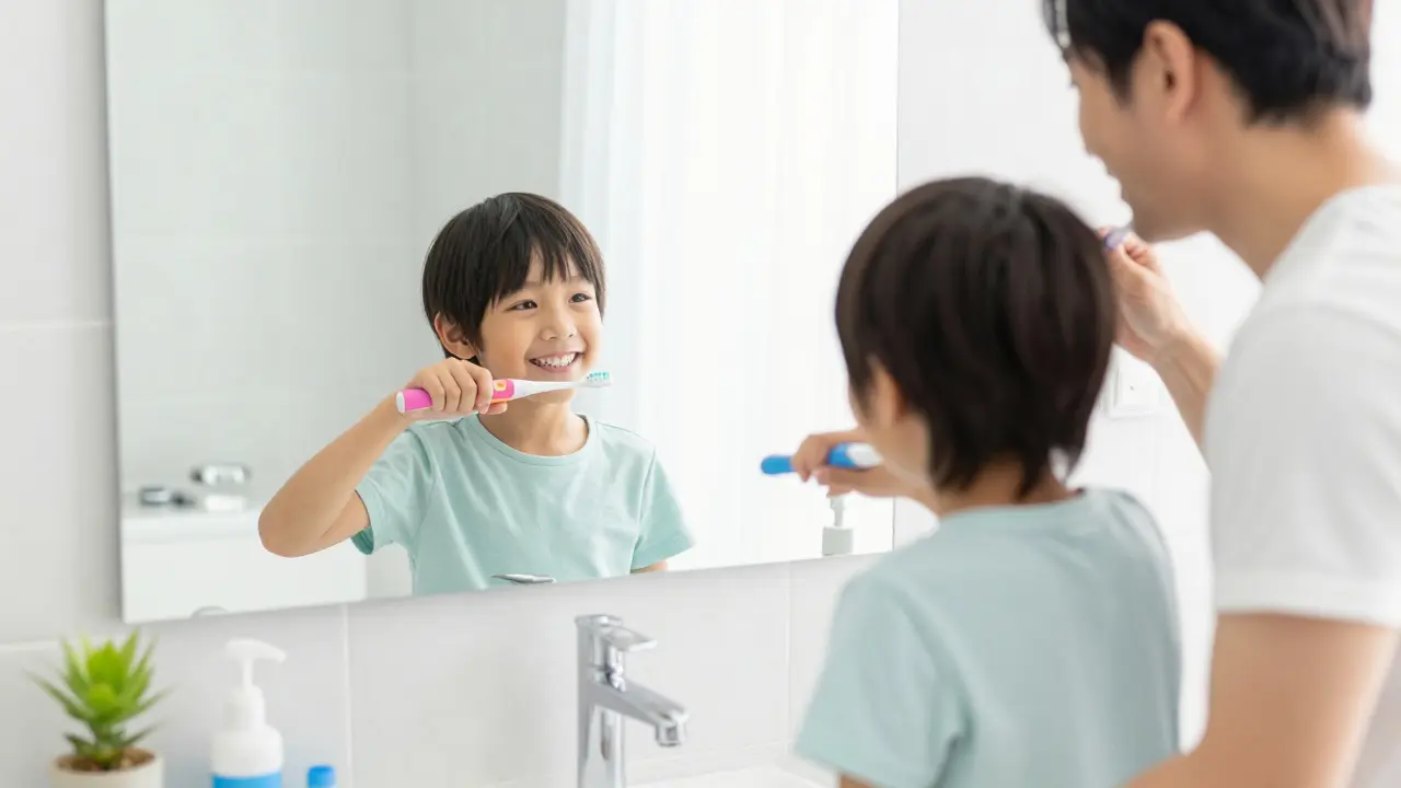 Rodič a dítě společně a s úsměvem čistí zuby v koupelně.