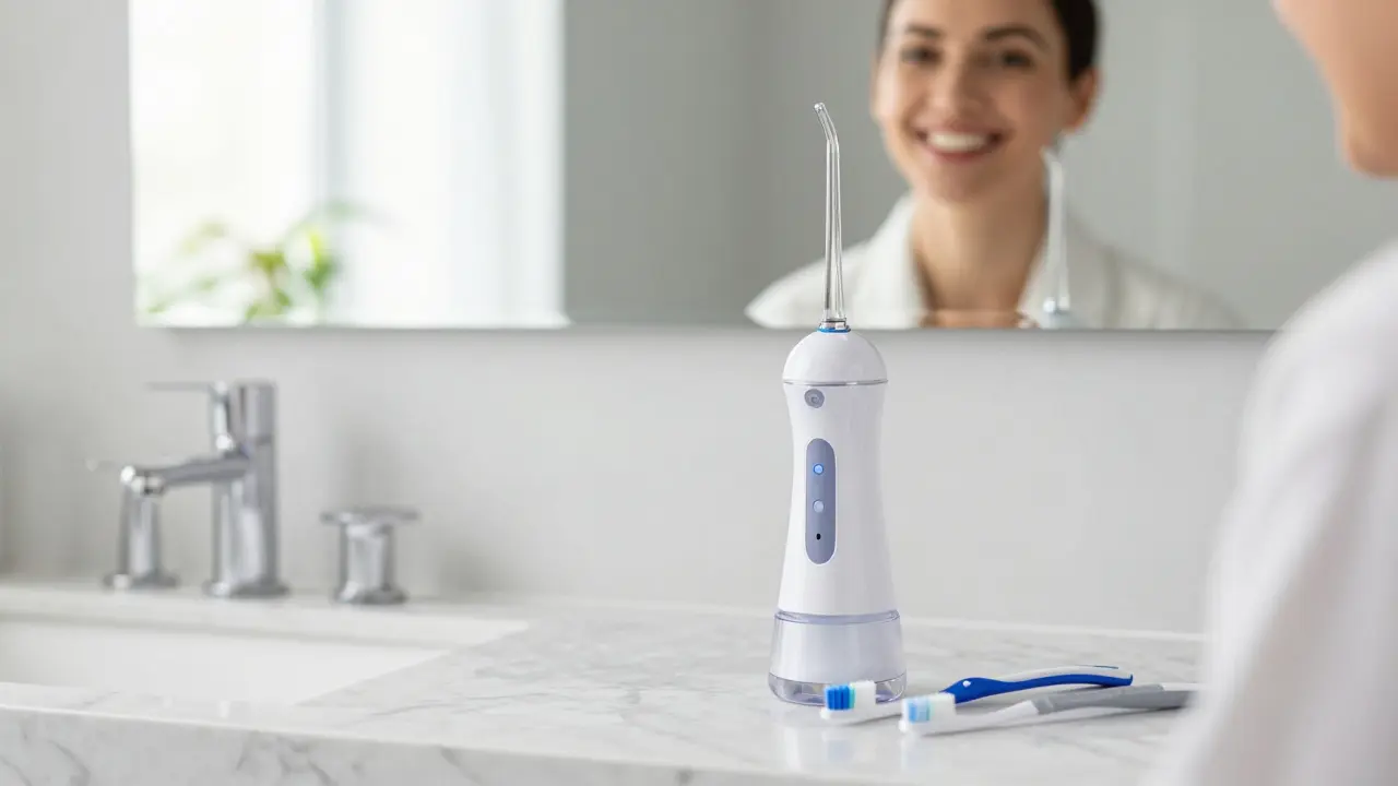 Sada pomůcek pro hygienu implantátů na koupelnovém pultu