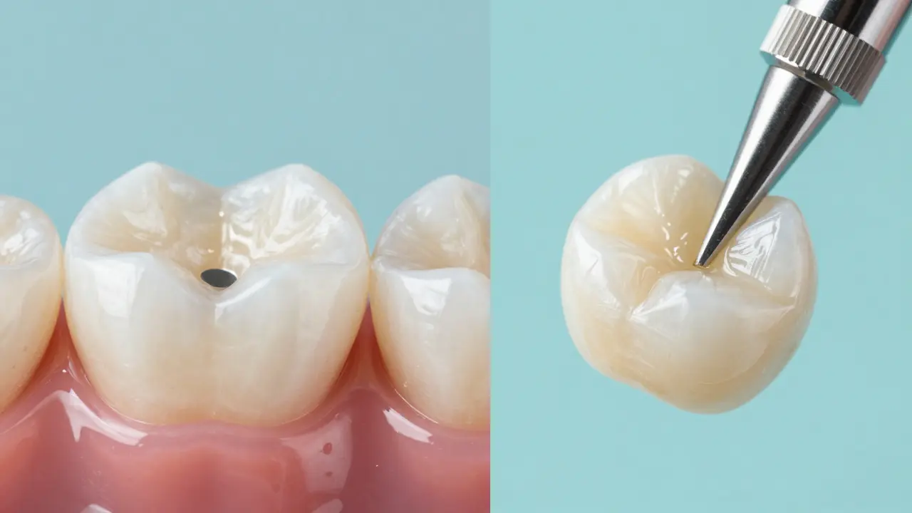 Srovnání klasické kompozitní plomby a precizně vyrobené laboratořské vložky inlay.