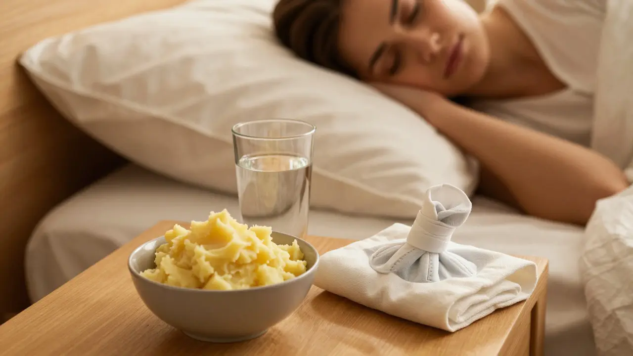 Stůl s měkkým jídlem a chladivým obkladem u osoby odpočívající v posteli.