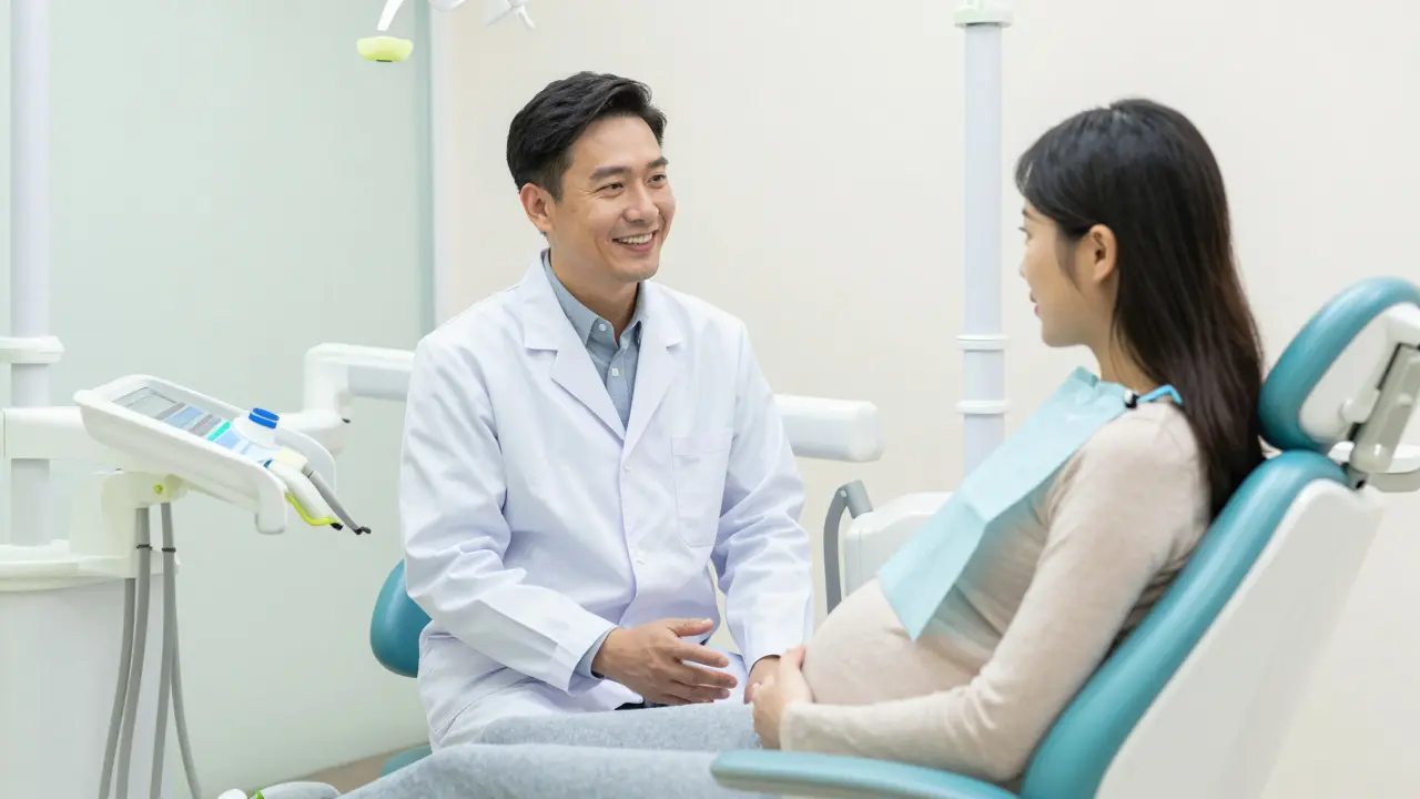 Těhotná žena u zubního lékaře v moderní a uklidňující ordinaci.