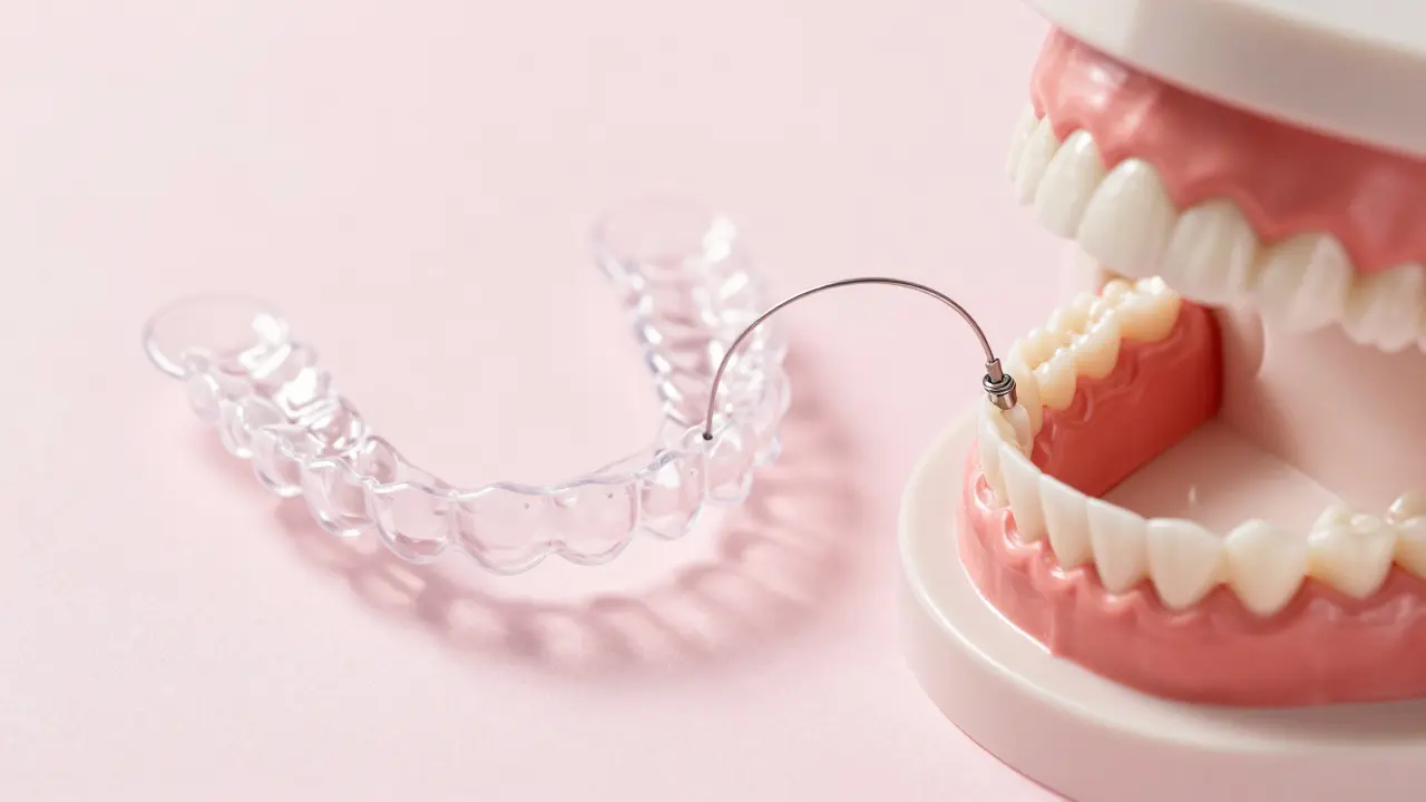 Transparentní šuplík a stabilizační drát pro udržení rovných zubů.