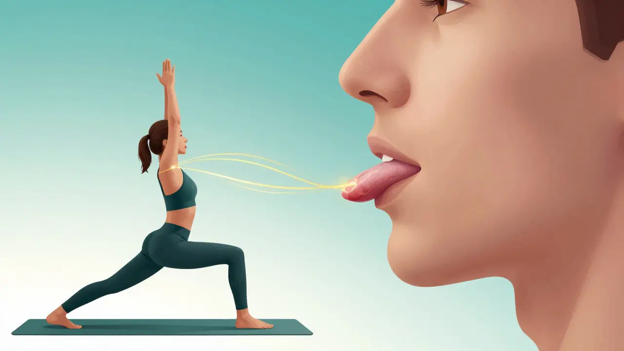 Umělecké znázornení spojení jógové rovnováhy a správného postavení jazyka.