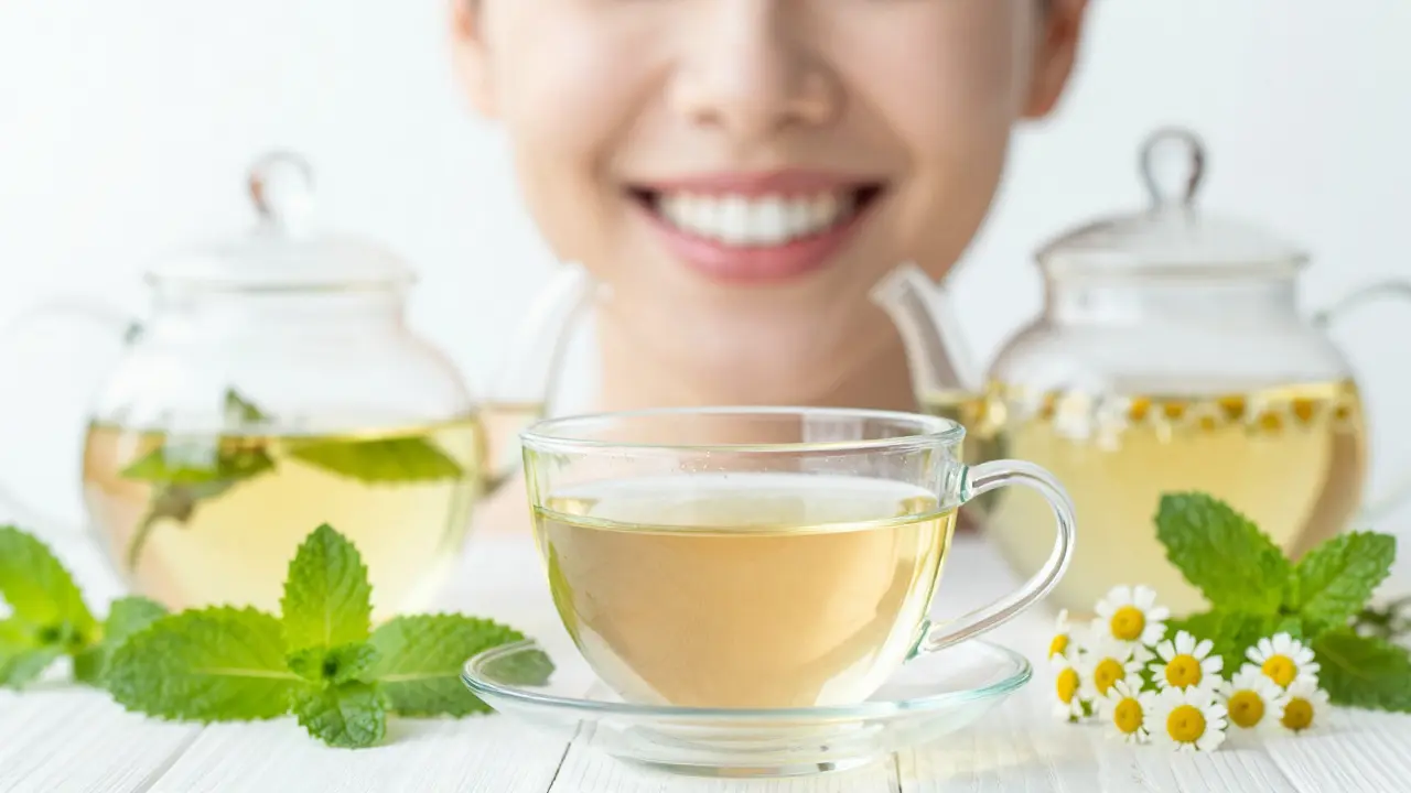 Úsměv s bílými zuby s bylinkovými čaji v pozadí.