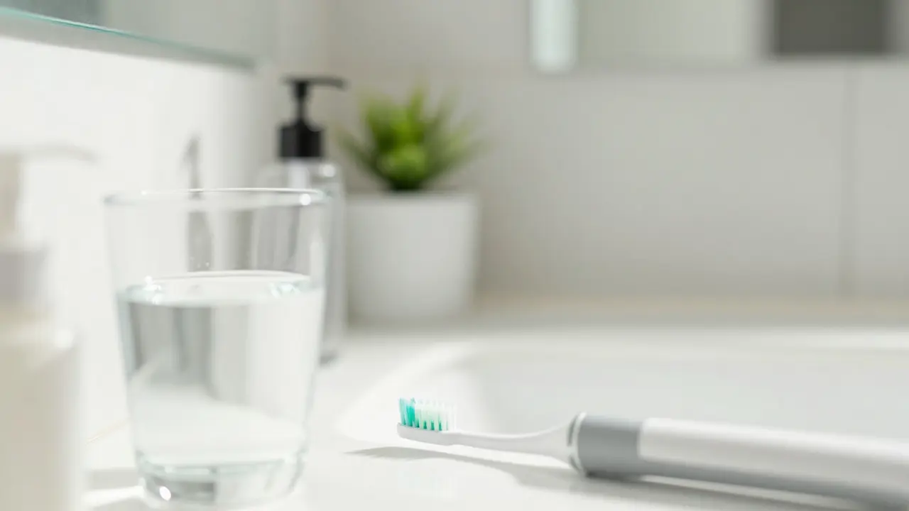 Zdravý a čistý úsměv s elektrickým kartáčkem v pozadí.