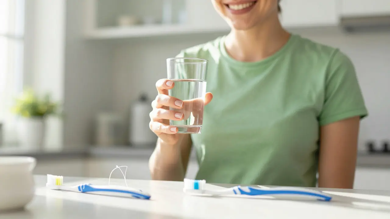 Zdravý úsměv s kartičkem a nití pro každodenní péči.