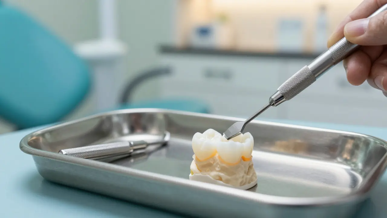 Zubní korunka a náčiní pro bonding na sterilním podnosu v ordinaci.