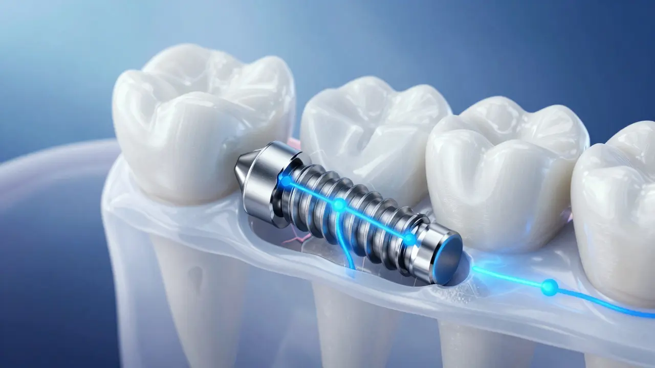 3D vizualizace spojení titánového implantátu s kostí