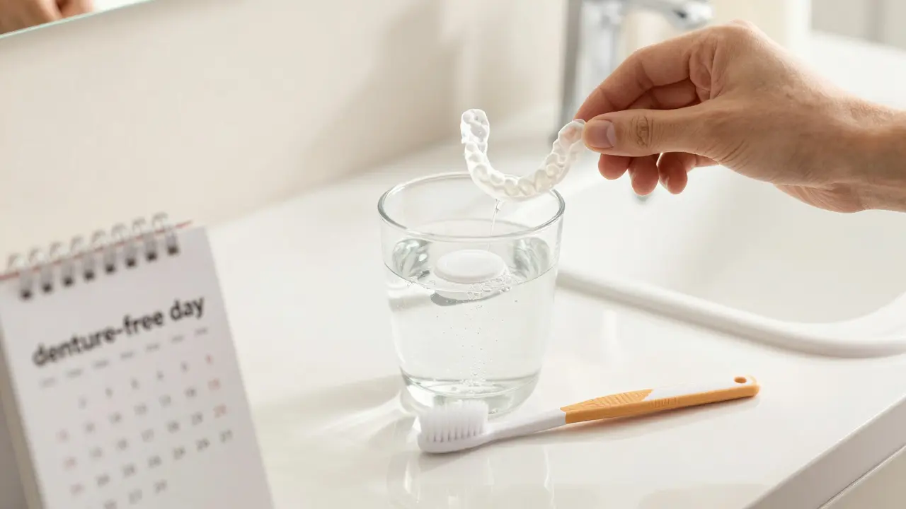 Čištění zubní náhrady v roztoku a důraz na hygienu i odpočinek dásní.