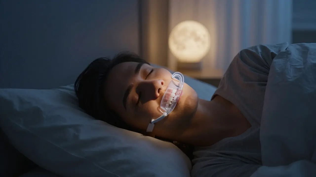 Člověk spící v noci s nasazeným průhledným bělicím náustníkem pro pohodlí