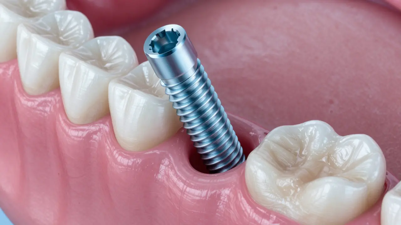 Detailní záběr zubního implantátu integrovaného do čelistní kosti