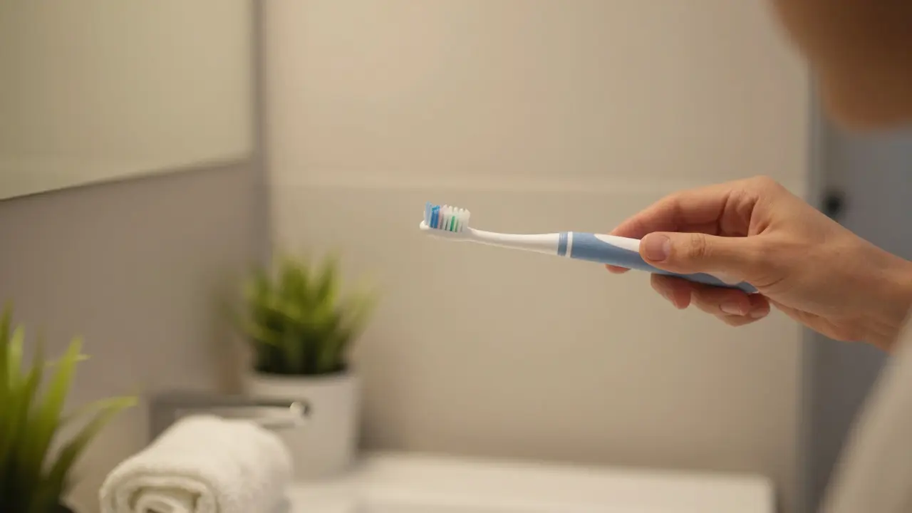 Jemné čištění zubů sonickým kartáčkem v klidné koupelně