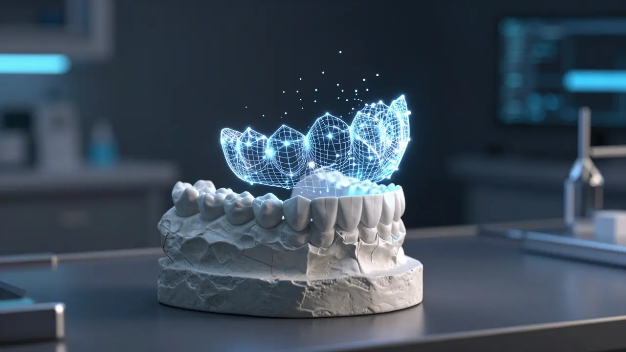 Koncept přechodu od kamenného modelu k digitálnímu 3D návrhu zubní korunky.