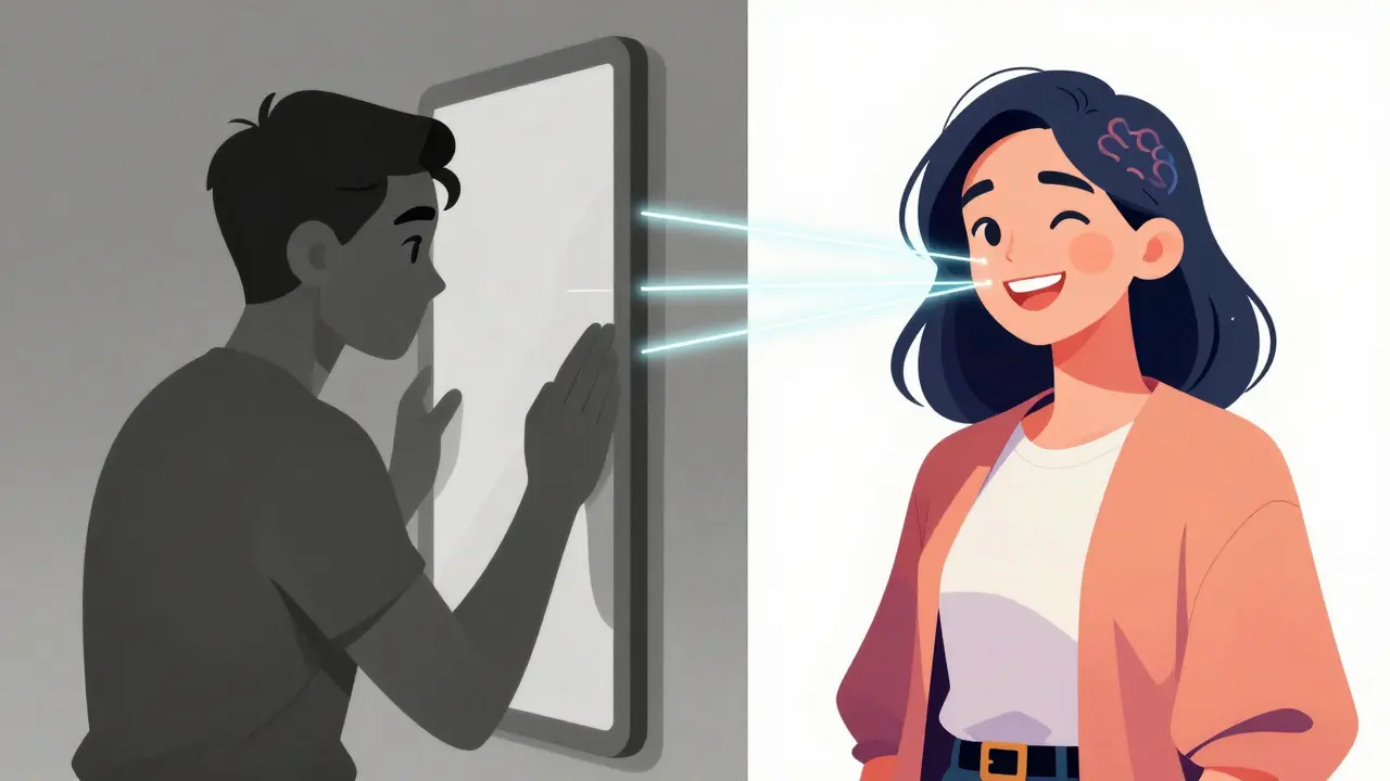 Konceptuální ilustrace proměny sebevědomí před a po estetické stomatologii.