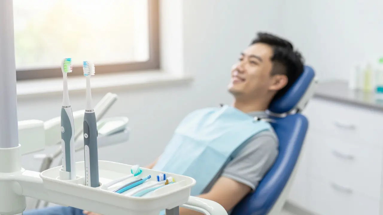 Moderní zubní nástroje pro prevenci v čistém dentálním studiu