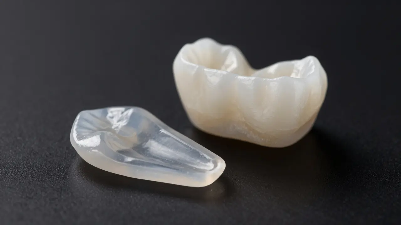 Ukázka keramického vinýru a zirkonové korunky zdůrazňující materiály