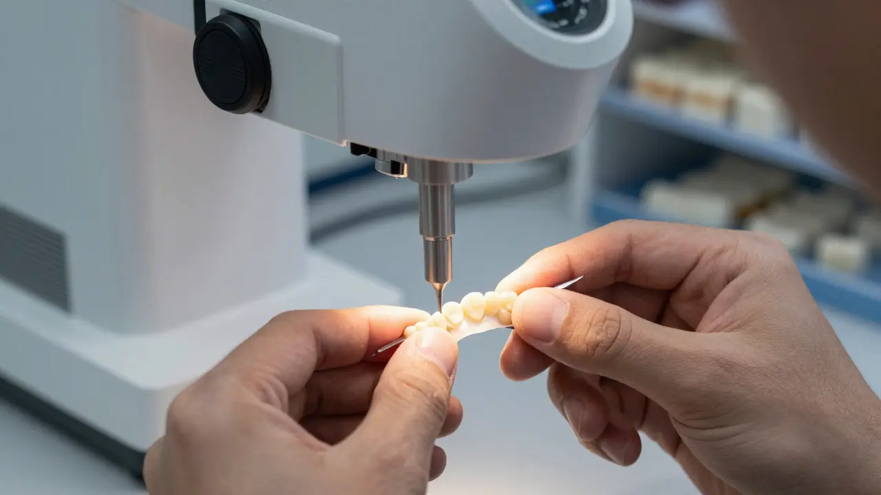 Zubní technik ručně upravuje keramickou korunku