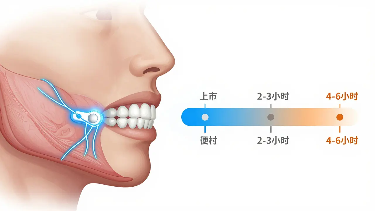Anatomická ilustrace nervového bloku v čelisti s časovou osou účinku anestezie.