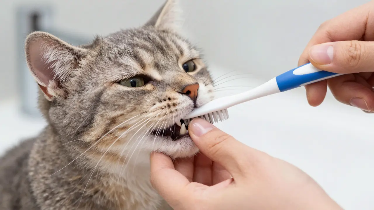 Běžná kočka se nechat jemně čistit zuby speciálním kartáčkem