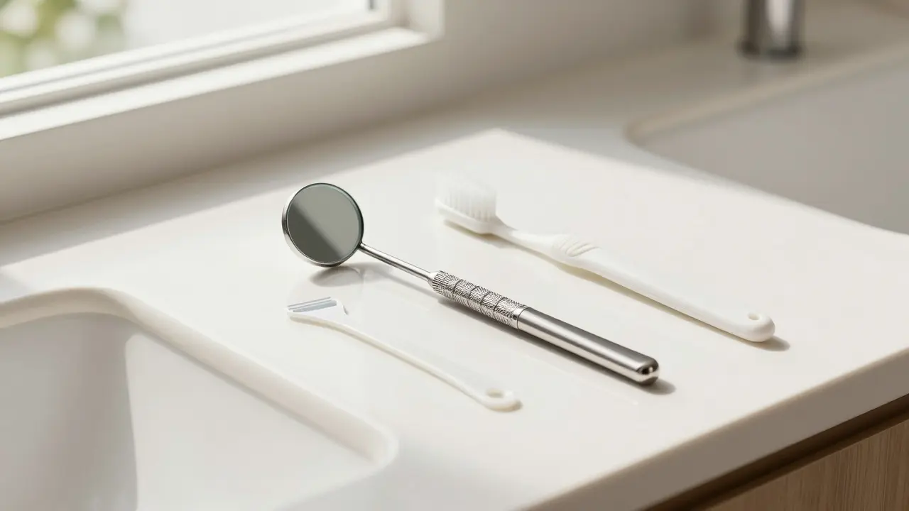Dentální zrcátko a hygienické potřeby na koupelnovém pultu