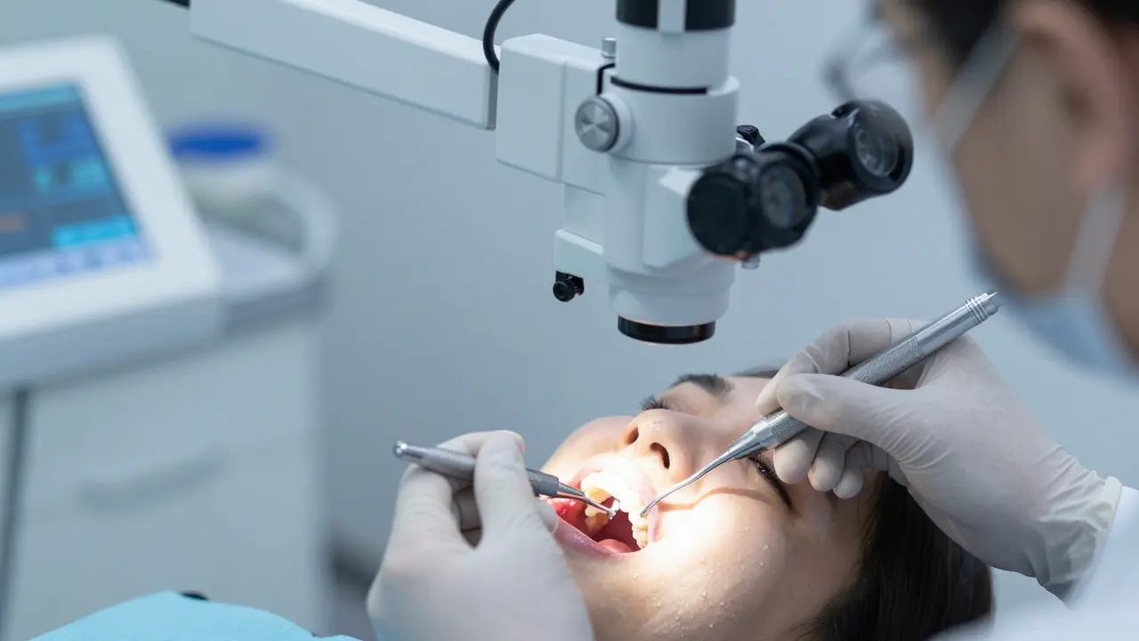 Stomatolog provádí diagnostický test na zubu
