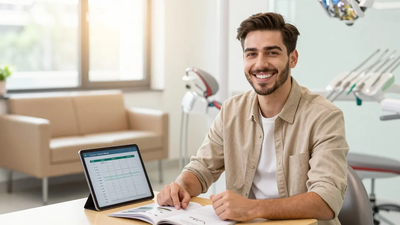 Úsměvný pacient v moderní ordinaci s brožurou o splátkách