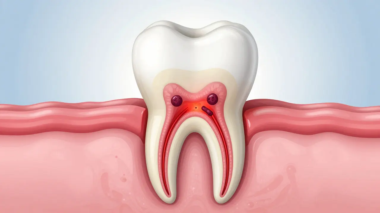 Anatomický průřez zuby ukazující zánětlivou pulpu a tlak uvnitř