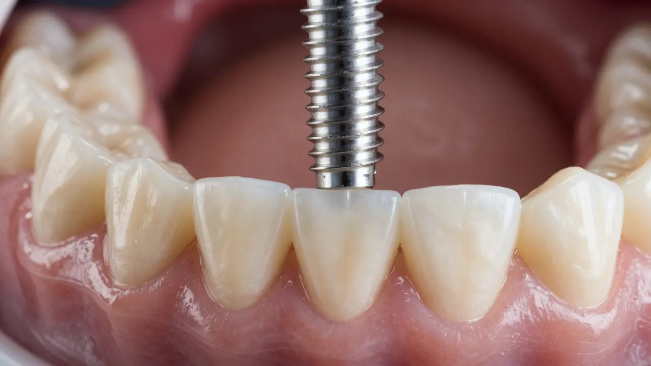 Detailní záběr zubního implantátu stabilizujícího čelistní strukturu.