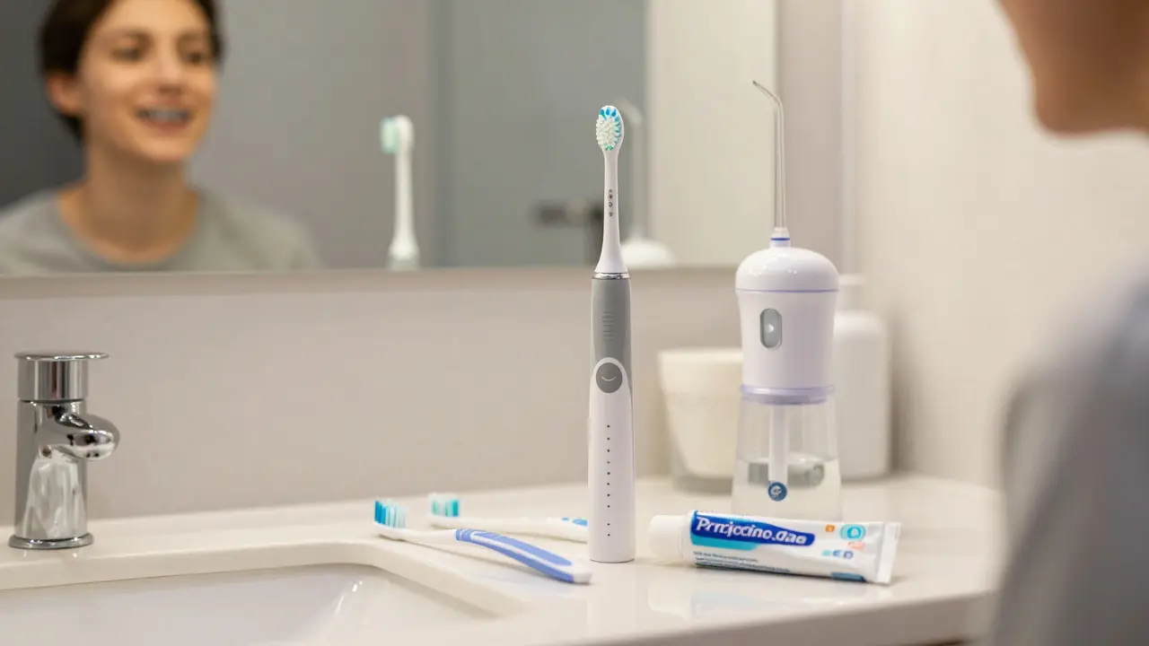 Hygienické pomůcky pro péči o rovnátka na koupelnovém pultu