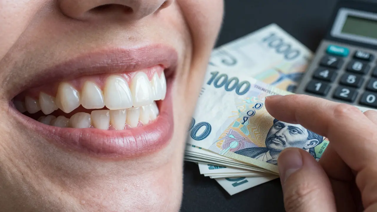 Konceptuální záběr zobrazující náklady na estetickou stomatologii