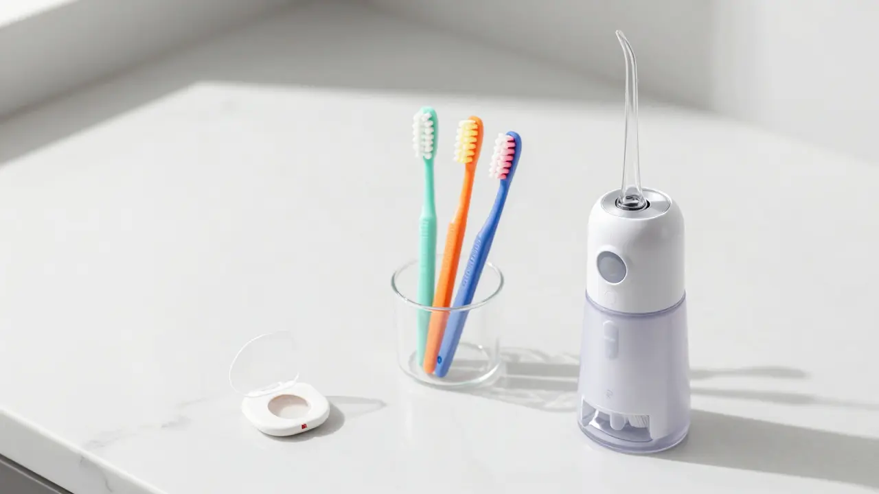 Nástroje pro domácí ústní hygienu: nit, mezizubní kartáčky a irigátor