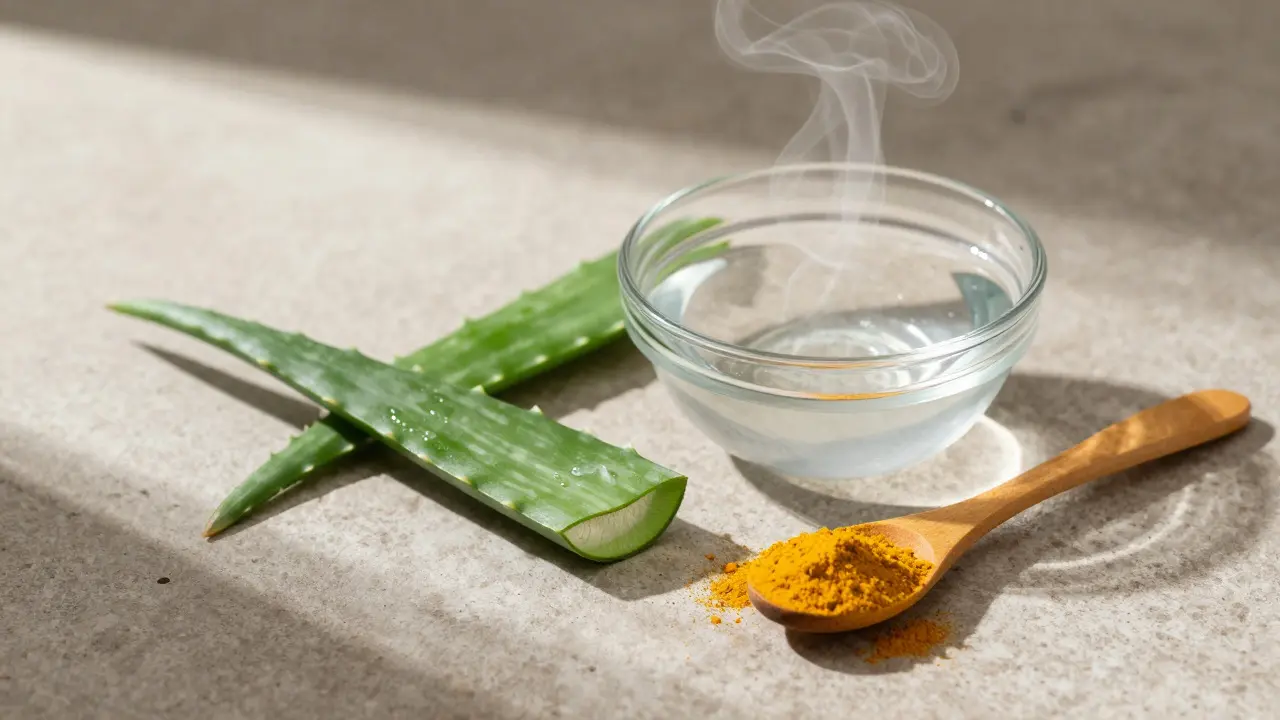 Přírodní prostředky: sůl, aloe vera a kurkuma na kamenu
