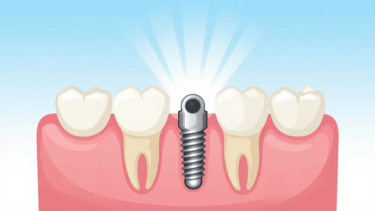 Schéma úspěšně integrovaného zubního implantátu v čelistní kosti