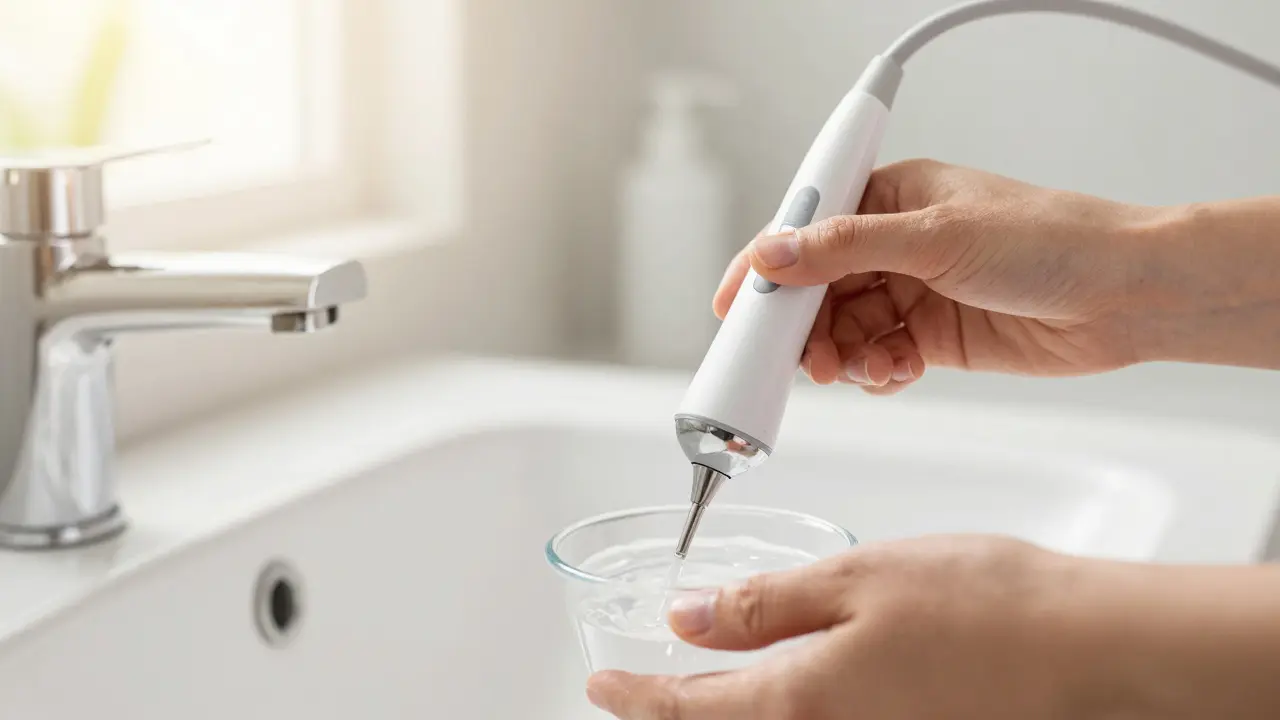 Správná technika držení ultrazvukového čističe zubů nad dřezem v koupelně
