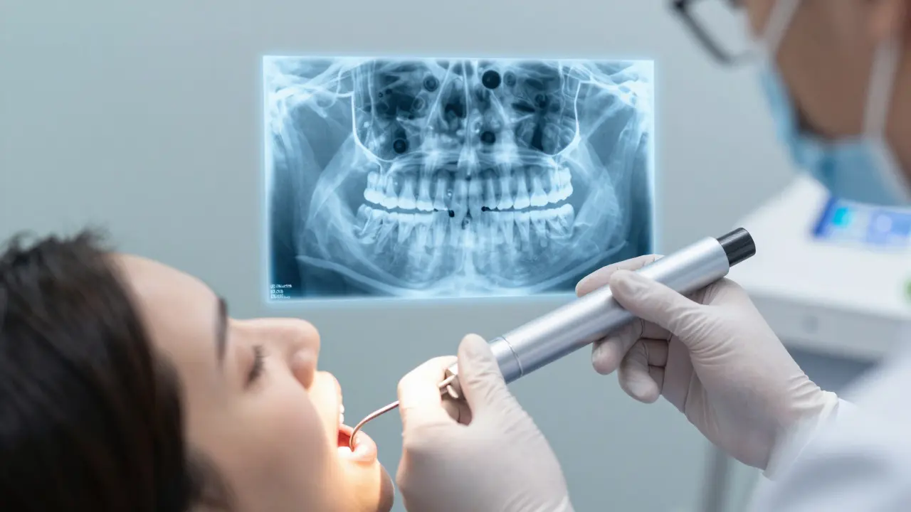 Stomatologická diagnostika zobrazující skryté kazy na digitálním rentgenu
