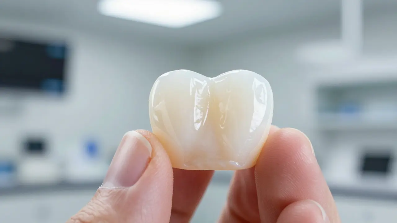 Detail porcelánové zubní fazety s přirozeným leskem