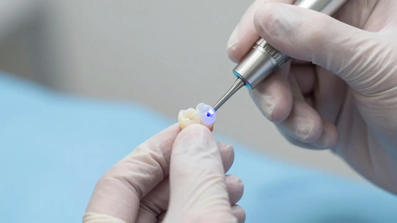 Detailní záběr na aplikaci keramické fáze pomocí speciálního světla v zubařském křesle
