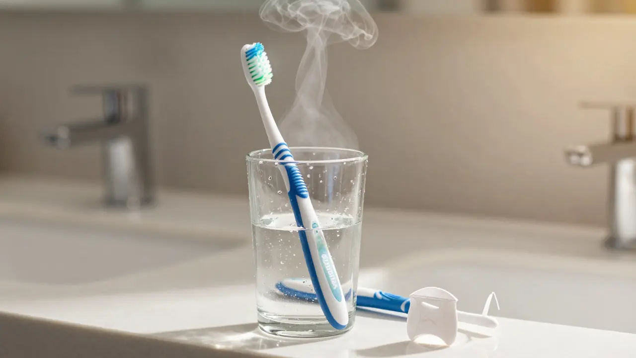 Kartáček a doplňky pro ústní hygienu na umyvadle