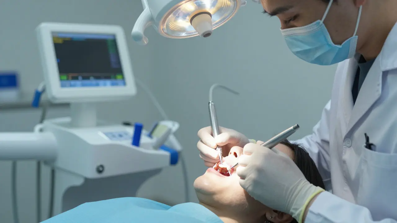 Ruce zubaře při provádění dentálního zákroku