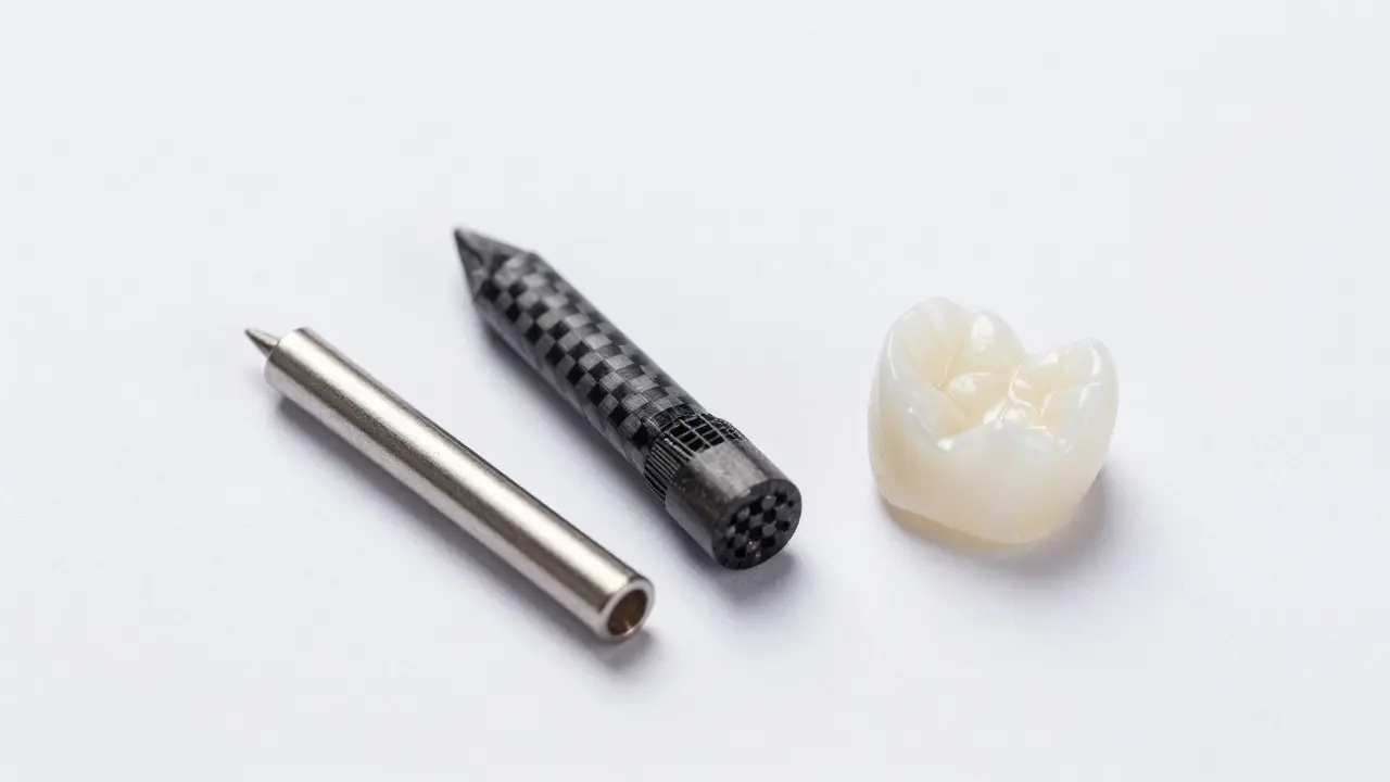 Různé materiály zubních čepů a korunky na bílém podkladu