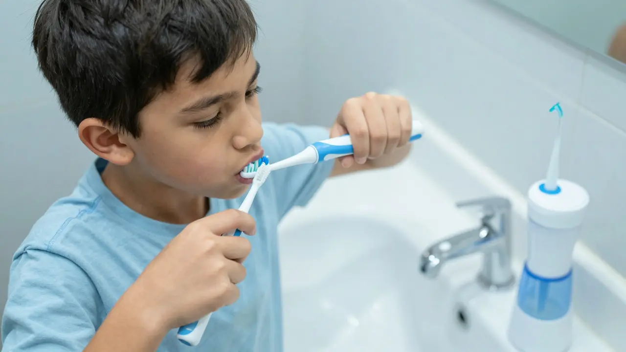 Teenager čistí zuby elektrickým kartáčkem v koupelně při péči o rovnátka
