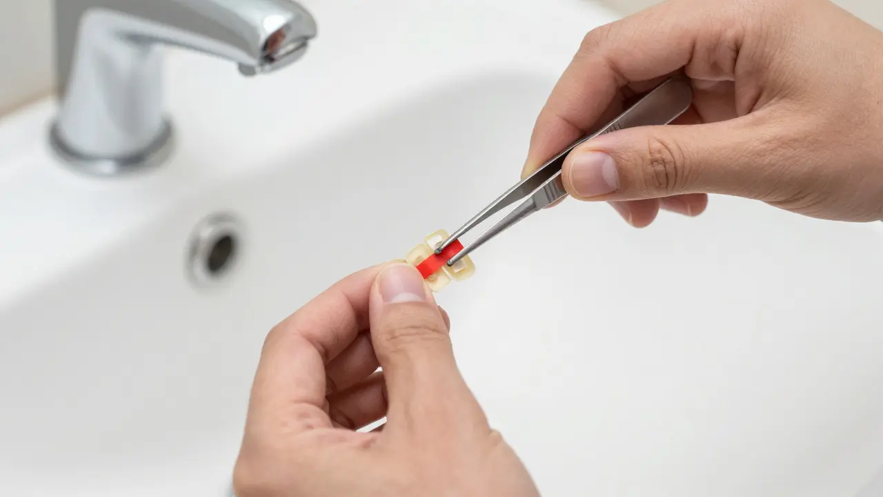 Výměna intermaxilární gumičky pinzetou